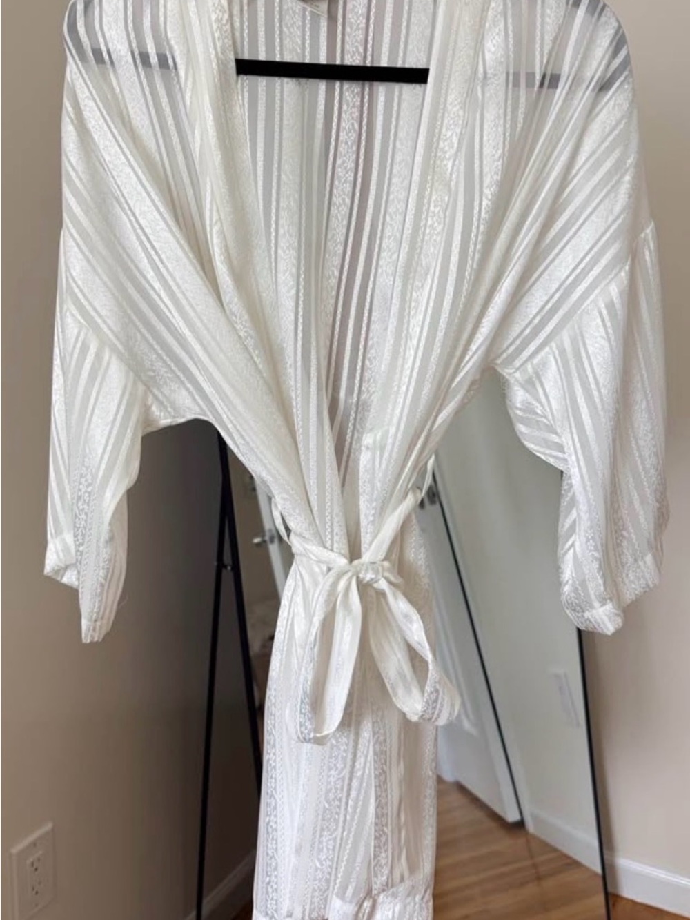 White Satin Stripe Robe with Waist Tie